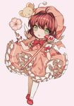  antenna_hair card cardcaptor_sakura chibi choker flower full_body fuuin_no_tsue glove_bow gloves green_eyes hat highres kero kinomoto_sakura looking_at_viewer magical_girl pink_choker pink_hat short_hair smile wand white_gloves wings yasiromann 