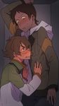  1girl brown_eyes brown_hair catgirl0926 clenched_teeth cramped dark_skin dark_skinned_male glasses hood hood_down hyakujuu-ou_golion jacket lance_(voltron) pidge_gunderson puffy_cheeks reverse_trap short_hair sweatdrop teeth voltron:_legendary_defender 