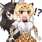  2girls :o animal_ears antlers blonde_hair blush bow breast_grab breast_lift breasts brown_eyes brown_hair elbow_gloves fang fur_collar gloves grabbing grabbing_from_behind iwahana jaguar_(kemono_friends) jaguar_ears jaguar_print kemono_friends large_breasts long_hair moose_(kemono_friends) moose_ears multicolored_hair multiple_girls open_mouth shirt short_hair short_sleeves skirt v-shaped_eyebrows 