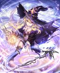  blonde_hair boots cloud cloudy_sky cygames dagger dorothy_(shingeki_no_bahamut) hat hisakata_souji jewelry long_hair magic necklace official_art red_eyes revealing_clothes shadowverse shingeki_no_bahamut sky smile staff thighhighs weapon witch_hat 