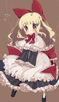  apron blonde_hair blue_eyes blue_footwear blue_skirt blush bow bowtie brown_background capelet eyebrows_visible_through_hair frilled_apron frilled_ribbon frilled_sleeves frills full_body hair_bow highres long_hair long_sleeves no_mouth no_nose pointy_ears puppet_strings red_bow red_neckwear red_ribbon ribbon shanghai_doll shoes simple_background skirt solo striped striped_legwear striped_skirt touhou usamata vertical-striped_legwear vertical_stripes white_apron white_legwear wide_sleeves 