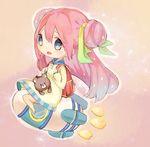  backpack bag blue_eyes blush double_bun dress eyebrows_visible_through_hair green_ribbon hair_ribbon looking_at_viewer open_mouth original pink_hair ribbon rocket rocket_ship sencha_(senta_10) smile solo space_craft stuffed_animal stuffed_toy teddy_bear yellow_dress 