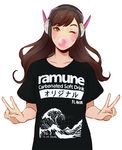  artist_name bangs blush brown_eyes brown_hair bubble_blowing chewing_gum clothes_writing collarbone commentary d.va_(overwatch) double_v eyebrows_visible_through_hair facepaint facial_mark fingernails hands_up headphones highres long_fingernails long_hair looking_at_viewer nymre one_eye_closed overwatch shirt solo t-shirt upper_body v whisker_markings 