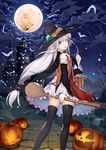 abusoru animal bangs bare_tree basket bat blue_eyes broom building candy cane castle cloud cloudy_sky detached_sleeves food frills from_behind full_moon hair_between_eyes halloween halloween_costume hat holding jack-o'-lantern lollipop looking_at_viewer looking_back low_ponytail makeup moon night night_sky open_mouth original outdoors plant pleated_skirt pointy_ears pumpkin road skirt sky smile solo sweets thighhighs tree trick_or_treat vegetable white_hair wide_sleeves witch witch_hat zettai_ryouiki 