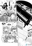  1girl =_= apron bow braid check_translation chinese comic crossdressing debris detached_sleeves dress falling fence grand_piano grass greyscale hair_bow house instrument madjian midriff monochrome no_mouth original otoko_no_ko piano pillar pointy_ears ribbon short_hair short_twintails skirt stairs translation_request twintails watermark web_address 