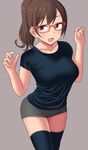  bad_id bad_pixiv_id black_legwear breasts brown_hair glasses high_ponytail large_breasts long_hair miniskirt neri_sachiko open_mouth original red-framed_eyewear shirt simple_background skirt solo taut_clothes taut_shirt thighhighs w_arms zettai_ryouiki 