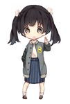  black_hair blue_skirt brown_footwear chibi coat eyebrows_visible_through_hair grey_coat grey_eyes hair_bobbles hair_ornament highres jacket kneehighs letterman_jacket looking_at_viewer medium_hair open_mouth original oversized_clothes sencha_(senta_10) shoes skirt solo twintails v white_legwear 