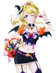  ;) ayase_eli black_hat black_legwear black_skirt black_wings blonde_hair breasts candy choker cleavage cowboy_shot crop_top demon_wings eyebrows_visible_through_hair floating_hair food garter_straps hair_ornament hair_scrunchie hand_on_hip hat high_ponytail highres holding long_hair love_live! love_live!_school_idol_project medium_breasts midriff mini_hat miniskirt navel one_eye_closed pumpkin purple_ribbon ribbon scrunchie skirt smile solo standing stomach thighhighs transparent_background white_ribbon wings witch_hat wrist_cuffs 