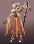  ass bodysuit brown_eyes from_behind high_heels highres instant_ip legs looking_back mechanical_halo mechanical_wings mercy_(overwatch) overwatch ponytail short_hair solo staff thighs white_hair wings 