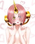  1girl :o blue_eyes blush bolt breasts collarbone commentary_request covering covering_breasts eyebrows_visible_through_hair eyes_visible_through_hair fate/grand_order fate_(series) frankenstein&#039;s_monster_(fate) hair_over_one_eye head_tilt headgear heart heterochromia highres holding horn looking_at_viewer mrtakenoko nude nut_(hardware) pink_hair short_hair small_breasts solo yellow_eyes 