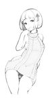  aran_sweater backless_dress backless_outfit bangs bare_shoulders bob_cut breasts contrapposto cropped_legs dress hair_ornament hair_ribbon halterneck hand_up highres linnkou looking_at_viewer meme_attire monochrome original panties pantyshot pantyshot_(standing) parted_lips ribbed_sweater ribbon short_hair sketch small_breasts smile solo standing sweater sweater_dress thighs turtleneck turtleneck_sweater underwear virgin_killer_sweater 