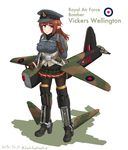  airplane_wing backpack bad_id bad_pixiv_id bag blue_eyes bomb brown_gloves brown_hair dakku_(ogitsune) dated eyebrows_visible_through_hair full_body gloves green_skirt hat high_heels jacket long_hair machinery mecha_musume military_jacket miniskirt open_mouth original pantyhose peaked_cap personification pleated_skirt pointy_ears royal_air_force skirt solo strap sweater vickers_wellington 