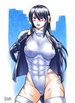  abs black_eyes black_gloves black_hair blush breasts contrapposto cosplay covered_nipples cowboy_shot emperor_penguin_(kemono_friends) emperor_penguin_(kemono_friends)_(cosplay) gloves headphones highleg highleg_leotard highres hood hoodie kemono_friends leotard leotard_under_clothes lips m.u.g.e.n medium_breasts open_clothes open_hoodie original scar sendai_hakurei_no_miko solo standing taikyokuturugi thighhighs touhou undressing white_legwear white_leotard 