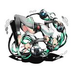  black_legwear blue_nails breasts detached_sleeves divine_gate floating_hair floating_necktie full_body green_eyes green_hair hair_ornament hatsune_miku hatsune_miku_(append) holding leotard long_hair medium_breasts nail_polish outstretched_arm shadow solo toenail_polish transparent_background twintails ucmm very_long_hair vocaloid vocaloid_append white_leotard 