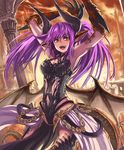  :d arms_up artist_request cygames dragon_girl dragon_horns dragon_tail dragon_wings dragonewt_princess eyebrows_visible_through_hair horns loincloth navel official_art open_mouth orange_eyes pointy_ears purple_hair railing raised_eyebrow ruins scales shadowverse shingeki_no_bahamut smile spikes tail teeth twintails wings 