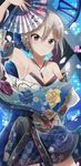  arm_up armpits bare_shoulders blonde_hair blue_nails blurry blurry_background blush breasts brown_eyes checkered cleavage collarbone contrapposto cowboy_shot detached_collar detached_sleeves eyebrows_visible_through_hair eyelashes fan floral_print folding_fan hair_between_eyes hair_ornament highres holding holding_fan idolmaster idolmaster_cinderella_girls japanese_clothes jewelry kimono long_sleeves looking_at_viewer medium_breasts nail_polish pendant pentagon_(railgun_ky1206) petals shiny shiny_hair shiomi_shuuko short_hair smile standing strapless wide_sleeves 