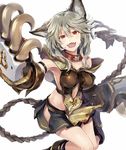  :d animal_ears blush boots breasts claw_(weapon) claws collar collarbone erune fangs fur_trim granblue_fantasy grey_hair hair_between_eyes kakao_rantan looking_at_viewer medium_breasts no_panties open_mouth red_eyes sen_(granblue_fantasy) short_hair simple_background skirt smile solo weapon white_background 