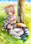  2girls animal_ears artist_name ass bangs black_hair blonde_hair bow bowtie breasts cheek_poking closed_eyes common_raccoon_(kemono_friends) day drooling extra_ears fennec_(kemono_friends) fox_ears fox_tail gradient_hair grass green_hair grey_hair half-closed_eyes heart highres kemono_friends kisaragi_miyu lap_pillow lying medium_breasts multicolored_hair multiple_girls nature on_side outdoors panties panties_under_pantyhose pantyhose pantylines poking raccoon_ears raccoon_tail saliva short_hair short_sleeve_sweater skirt sky sleeping spoken_heart sweater tail thighband_pantyhose thought_bubble translated tree trefoil two-tone_hair under_tree underwear white_hair white_legwear wrist_cuffs zzz 