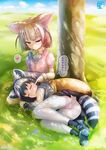  2girls animal_ears artist_name ass bangs black_hair blonde_hair bow bowtie breasts cheek_poking closed_eyes common_raccoon_(kemono_friends) day drooling extra_ears fennec_(kemono_friends) fox_ears fox_tail gradient_hair grass green_hair grey_hair half-closed_eyes heart highres kemono_friends kisaragi_miyu lap_pillow lying medium_breasts multicolored_hair multiple_girls nature on_side outdoors panties panties_under_pantyhose pantyhose pantylines poking raccoon_ears raccoon_tail saliva short_hair short_sleeve_sweater skirt sky sleeping spoken_heart sweater tail thighband_pantyhose thought_bubble translated tree trefoil two-tone_hair under_tree underwear white_hair white_legwear wrist_cuffs zzz 