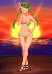  absurdres bad_id bad_pixiv_id bare_shoulders bikini breasts closed_mouth collarbone dark_skin error flower full_body green_bikini green_eyes green_hair hair_flower hair_ornament highres long_hair looking_at_viewer low_twintails mao_(pokemon) medium_breasts midriff navel nocunoct pokemon pokemon_(game) pokemon_sm pose shiny shiny_skin smile solo standing sun sunset swimsuit tied_hair trial_captain twintails underboob very_long_hair 