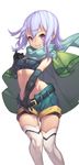  ass_visible_through_thighs bangs bare_shoulders belt belt_buckle bike_shorts black_gloves black_shorts breasts buckle cape chris_(konosuba) closed_mouth cowboy_shot crop_top elbow_gloves empty_eyes eyebrows_visible_through_hair gloves green_cape green_gloves green_scarf green_shorts groin hair_between_eyes hand_on_own_chest hand_up highres kono_subarashii_sekai_ni_shukufuku_wo! long_hair looking_at_viewer midriff mokew purple_eyes purple_hair scarf shorts shorts_under_shorts simple_background small_breasts smile solo thighhighs white_background white_legwear 