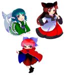  animal_ears blue_eyes blue_hair brown_hair cape chibi covered_mouth dress grass_root_youkai_network head_fins imaizumi_kagerou japanese_clothes k-ailisi kimono looking_at_viewer mermaid monster_girl multiple_girls red_eyes red_hair sekibanki touhou wakasagihime wolf_ears 