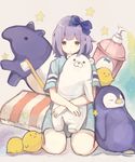  bird blue_bow blue_eyes bow chick eyebrows_visible_through_hair hair_bow looking_away original pillow purple_hair sencha_(senta_10) short_hair solo star stuffed_animal stuffed_hippopotamus stuffed_penguin stuffed_toy teddy_bear toothbrush 