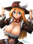  amania_orz blonde_hair blue_eyes breasts cleavage closed_mouth darkness_(konosuba) dated dress hands_on_headwear hat kono_subarashii_sekai_ni_shukufuku_wo! large_breasts long_hair looking_at_viewer ribbon simple_background solo standing sun_hat tied_hair upper_body white_background 