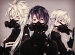  alternate_eye_color black_gloves black_hair double-breasted fukeda_chiho gas_mask gloves highres kogitsunemaru male_focus mikazuki_munechika multiple_boys necktie partly_fingerless_gloves red_eyes touken_ranbu tsurumaru_kuninaga upper_body white_hair 