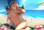  armlet beach beach_umbrella bracelet braid breasts dark_valkyrie_(p&amp;d) day dean flower hair_ornament highres jewelry large_breasts long_hair looking_at_viewer navel nipples nude outdoors puzzle_&amp;_dragons red_eyes revision silver_hair single_braid solo towel umbrella valkyrie_(p&amp;d) water 