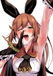  armpits bangs black_bow blush bow breasts breath brown_hair clarisse_(granblue_fantasy) cloak commentary_request covered_nipples fellatio_gesture granblue_fantasy green_eyes hair_bow heart heart-shaped_pupils long_hair looking_at_viewer medium_breasts one_eye_closed open_mouth ponytail simple_background sleeveless solo sweatdrop symbol-shaped_pupils teeth ulrich_(tagaragakuin) upper_body white_background 