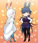  animal_ears black_hair bunny_ears colored_eyelashes commentary_request dress eyepatch full_body genderswap genderswap_(mtf) gloves gradient gradient_background hair_over_one_eye hands_on_hips head_wings insitsukun kemono_friends kemonomimi_mode long_hair looking_at_viewer multiple_girls necktie no_legwear orange_background shokudaikiri_mitsutada shorts simple_background tassel touken_ranbu tsurumaru_kuninaga white_hair wide_sleeves yellow_eyes yoshizaki_mine_(style) 