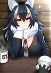  animal_ears black_gloves black_hair blue_eyes blush breasts cleavage coffee coffee_mug commentary_request cup eyebrows_visible_through_hair fur_collar fur_trim gloves grey_wolf_(kemono_friends) heart heterochromia holding_hands interlocked_fingers japari_symbol kemono_friends large_breasts long_hair long_sleeves looking_at_viewer mug multicolored_hair necktie out_of_frame pov pov_hands smile solo_focus table tenken_(gotannda) two-tone_hair white_gloves white_hair wolf_ears yellow_eyes 