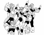  armor bald boots burter captain_ginyu dragon_ball dragon_ball_z ginga_patrol_jaco ginyu_force gloves greyscale guldo highres ink_(medium) jeice lee_(dragon_garou) long_hair male_focus monochrome multiple_boys muscle nib_pen_(medium) open_mouth pose recoome scouter shoulder_armor traditional_media wristband 