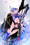  arm_support black_panties breasts cleavage commentary_request fate/grand_order fate_(series) genderswap genderswap_(mtf) grey_eyes hamada_pochiwo head_tilt large_breasts long_hair looking_at_viewer merlin_(fate) merlin_(fate/prototype) navel panties parted_lips partially_submerged robe sitting solo staff underwear very_long_hair weapon white_hair 