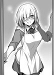  :d absurdres apron blush breasts fate/grand_order fate_(series) glasses greyscale hair_over_one_eye highres hood hooded_jacket jacket large_breasts looking_at_viewer mash_kyrielight monochrome necktie nina_(pastime) open_mouth short_hair smile solo yamoge 