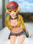  baseball_cap belt bikini bikini_under_clothes blonde_hair breasts cidney_aurum cleavage cropped_jacket final_fantasy final_fantasy_xv gloves goggles goggles_around_neck green_eyes hand_on_hip hat leaning_forward looking_at_viewer medium_breasts midriff red_bikini saya_(temporubato) short_hair short_shorts shorts smile solo swimsuit thighhighs unzipped utility_belt wrench 