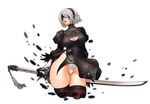  black_dress blindfold breasts cleavage dress feather-trimmed_sleeves highleg highleg_leotard leotard louten nier_(series) nier_automata parted_lips puffy_sleeves silver_hair skindentation solo sword thighhighs weapon yorha_no._2_type_b 