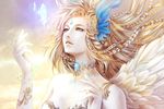  angel angel_wings bare_shoulders blonde_hair crystal fantasy feathers forehead_jewel highres long_hair original satochi_(1122) solo wings 