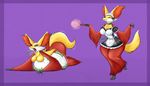  2017 anthro anthrofied belly big_belly big_breasts big_butt breasts burping butt canine clothing delphox digestion drooling eyes_closed feather_duster featureless_breasts female fox fur inner_ear_fluff maid_uniform mammal nintendo nude open_mouth pok&eacute;mon pok&eacute;morph purple_background purple_border red_eyes red_fur saliva simple_background solo uniform video_games vore white_fur wide_hips yellow_fur ziravore 