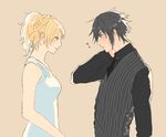  1girl black_hair blonde_hair blue_eyes blush dress final_fantasy final_fantasy_xv futae_(user_zege8584) hand_on_neck hetero lunafreya_nox_fleuret noctis_lucis_caelum ponytail shy striped sweatdrop vertical_stripes vest waistcoat white_dress 