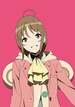  absurdres ahoge aikawa_miyuu brown_eyes brown_hair grin head_tilt highres looking_at_viewer occultic;nine pink_coat red_background short_hair simple_background smile solo standing upper_body 