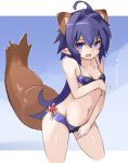  1girl ahoge animal_ears bikini blue_background blue_bikini blush breasts crying crying_with_eyes_open extra_ears karukan_(monjya) legs_crossed long_hair looking_at_viewer matsuhime_mujina navel open_mouth pointy_ears purple_eyes purple_hair raccoon_ears raccoon_tail shinrabanshou small_breasts solo swimsuit tail tears translation_request two-tone_background white_background 