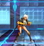  animated animated_gif black_bra blazblue bra breasts bullet_(blazblue) cleavage denim denim_shorts fingerless_gloves jacket jacket_removed large_breasts navel short_hair short_shorts shorts undressing white_hair 