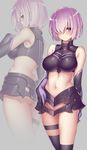  armor bare_shoulders brown_eyes elbow_gloves fate/grand_order fate_(series) gloves hair_over_one_eye kodama_yuu lavender_hair mash_kyrielight midriff navel no_panties solo sweat thigh_strap thighhighs 