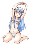  armpit_crease armpits arms_up bangs bare_arms bare_legs bare_shoulders barefoot blush bra collarbone_visible_through_hair commentary_request dot_nose eyebrows_visible_through_hair full_body gluteal_fold hinanawi_tenshi hips interlocked_fingers leaning_to_the_side light_blue_hair long_hair looking_at_viewer navel nibi pale_color panties parted_lips petite red_eyes ribs simple_background sitting sketch solo straight_hair stretch touhou underwear underwear_only wariza white_background 