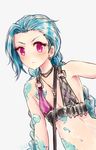  1girl absurdly_long_hair arm_strap arm_tattoo bare_shoulders bikini_top breasts bullet bullet_necklace jinx_(league_of_legends) league_of_legends long_hair necklace pink_eyes small_breasts solo stomach_tattoo tattoo twin_braids very_long_hair 