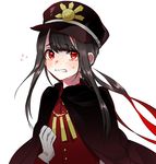 androgynous black_hair blush cape clenched_teeth crying crying_with_eyes_open eyebrows_visible_through_hair fate/grand_order fate_(series) flying_sweatdrops gloves hat highres long_hair looking_at_viewer male_focus military military_hat military_uniform oda_nobukatsu_(fate/grand_order) red_eyes simple_background solo tears teeth uniform upper_body white_background white_gloves 