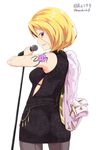  ass back-seamed_legwear black_dress black_legwear blonde_hair breasts character_name cowboy_shot dress echizen_murasaki from_behind hair_between_eyes holding holding_microphone jacket_on_shoulders kichihachi looking_at_viewer looking_back medium_breasts microphone microphone_stand multicolored_hair pantyhose parted_lips profile purple_hair seamed_legwear short_dress short_hair shoulder_tattoo simple_background smile solo streaked_hair tattoo thighs tight_dress tokyo_7th_sisters twitter_username two-tone_hair white_background 