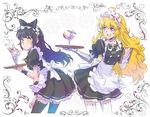  apron black_hair blake_belladonna blonde_hair cocktail cocktail_glass cocktail_umbrella commentary cup drinking_glass floral_background food fruit ice_cream iesupa maid maid_apron maid_headdress multiple_girls parfait prosthesis prosthetic_arm purple_eyes rwby strawberry sundae thighhighs tray wafer_stick waitress yang_xiao_long yellow_eyes 